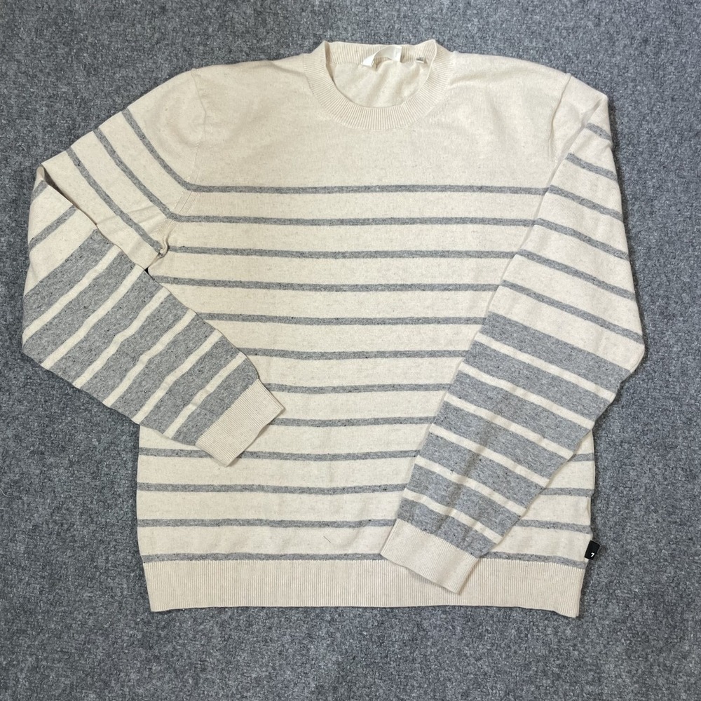 7 For All Mankind‎ Sweater Mens Medium Cream Grey Striped Cotton Linen Pullover
